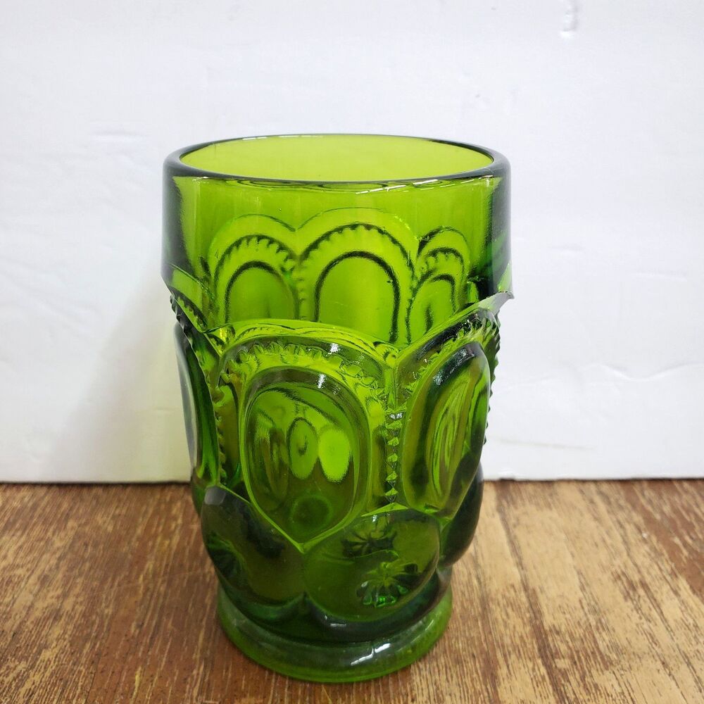 Vintage LE Smith Green Moon and Star Glass Flat Tumbler 4.75" MCM Drinking Glass